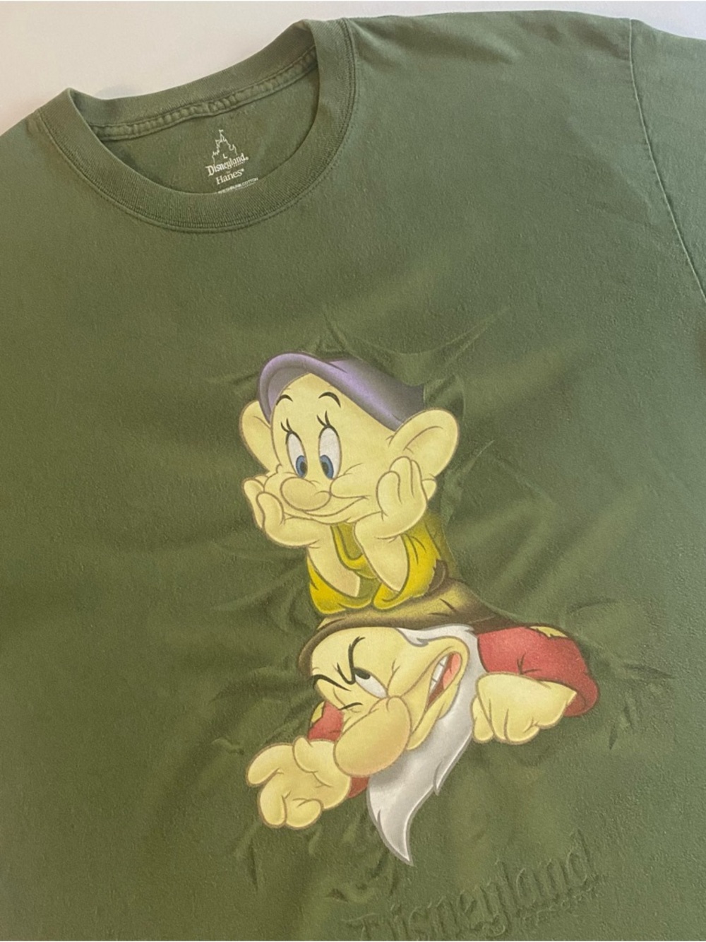Disneyland Dopey & Grumpy T Shirt Men MED Green 7 Dwarfs Hanes